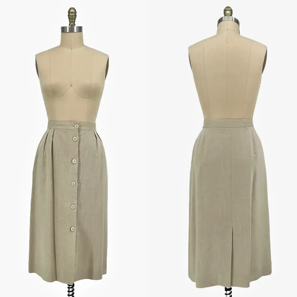 Vintage 70s/80s Jones New York Beige Linen Button Front Midi Skirt Large - Picture 10 of 10